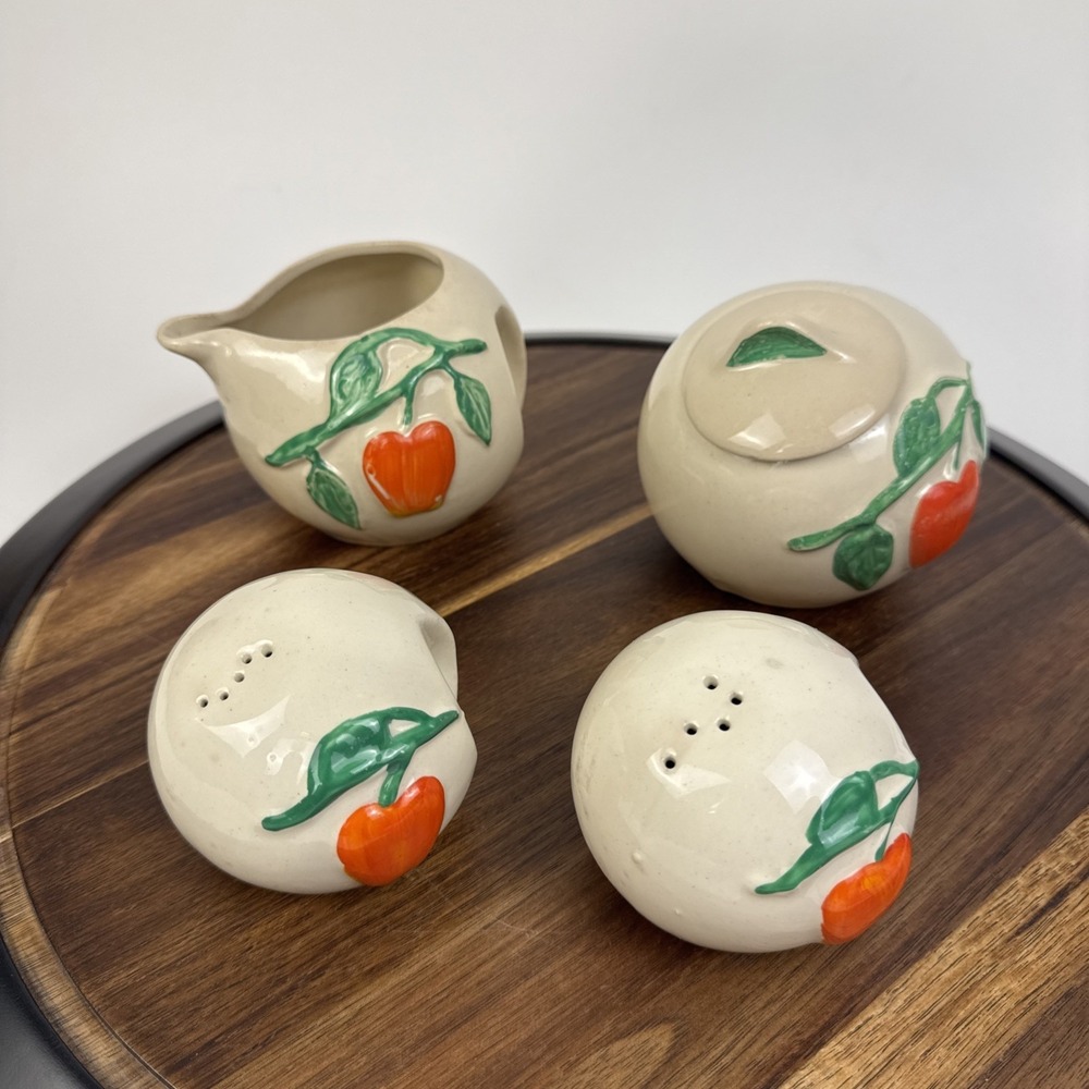 Vintage Apple Ceramic Creamer Sugar Salt Pepper Shaker Set Cream Red Farmhouse